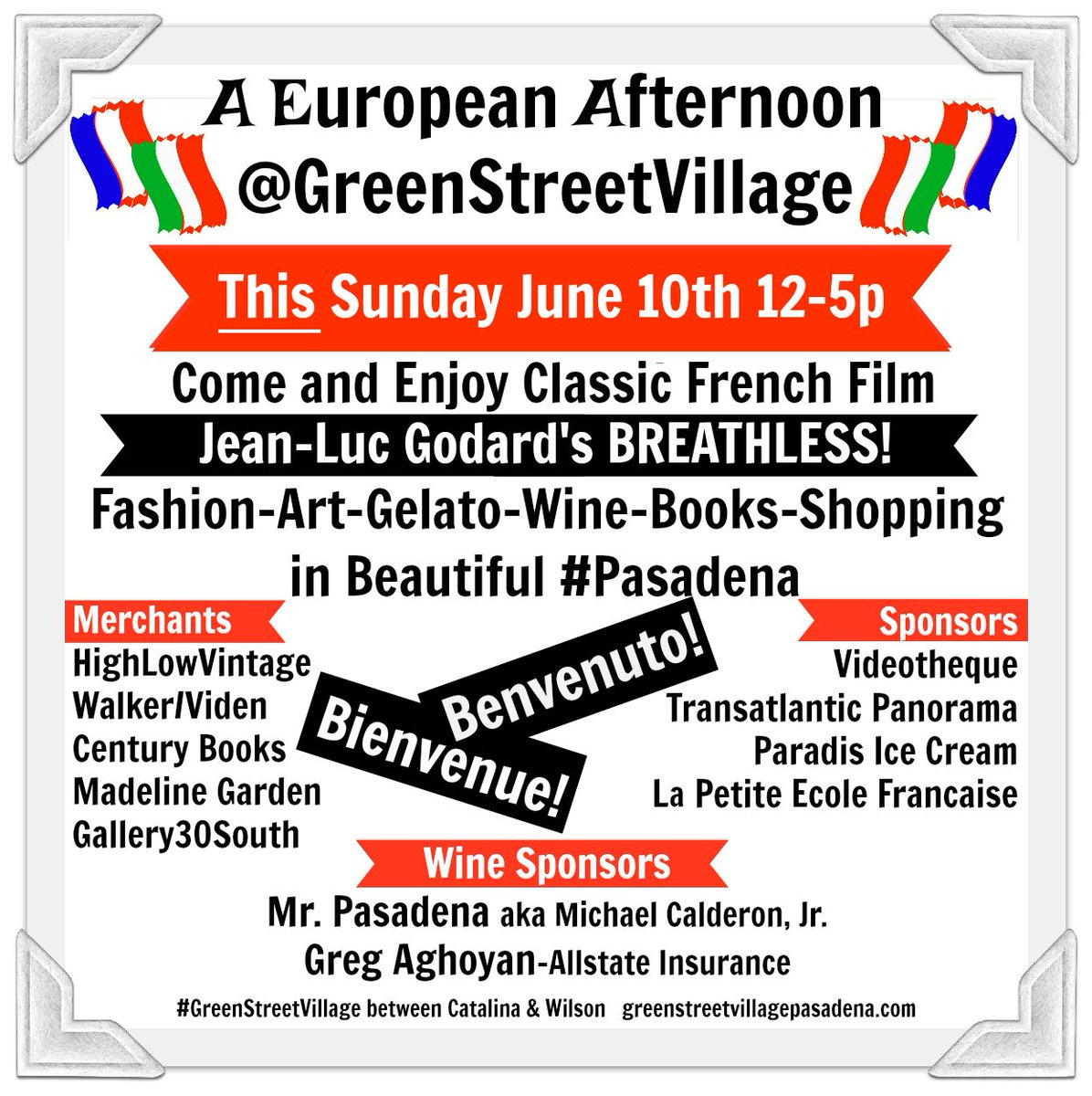 THIS SUNDAY! A European Afternoon @GreenStreetVillage #Pasadena 12-5p French & Italian #Film #Fashion #Art #Gelato #Wine #Books #Shopping @Madeline_Garden @gallery30south @CenturyBookshop @WalkerViden @HighLowVintage @Mr_Pasadena @VIDTHEQUE  @lapetiteecolefr