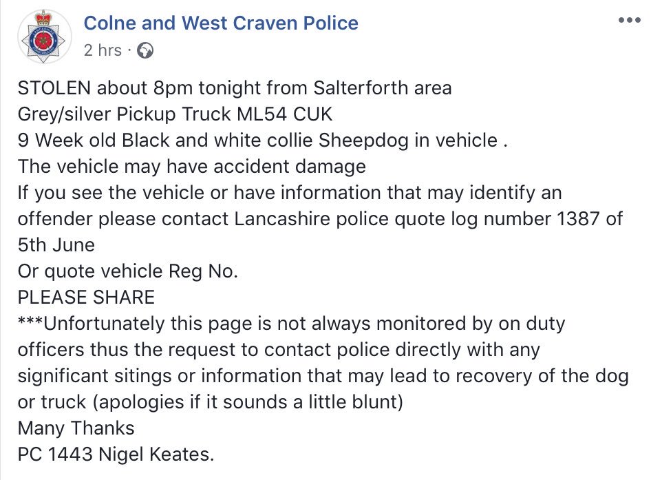 SAMPAuk_'s tweet photo. Colne and West Craven Police
STOLEN about 8pm tonight from #Salterforth area
Grey/silver Pickup Truck ML54 CUK
9 Week old Black and white collie Sheepdog in vehicle
If you see the vehicle or have information please contact @LancsPolice quote log number 1387 of 5th June on 101 https://t.co/Zg0JsT2LWR