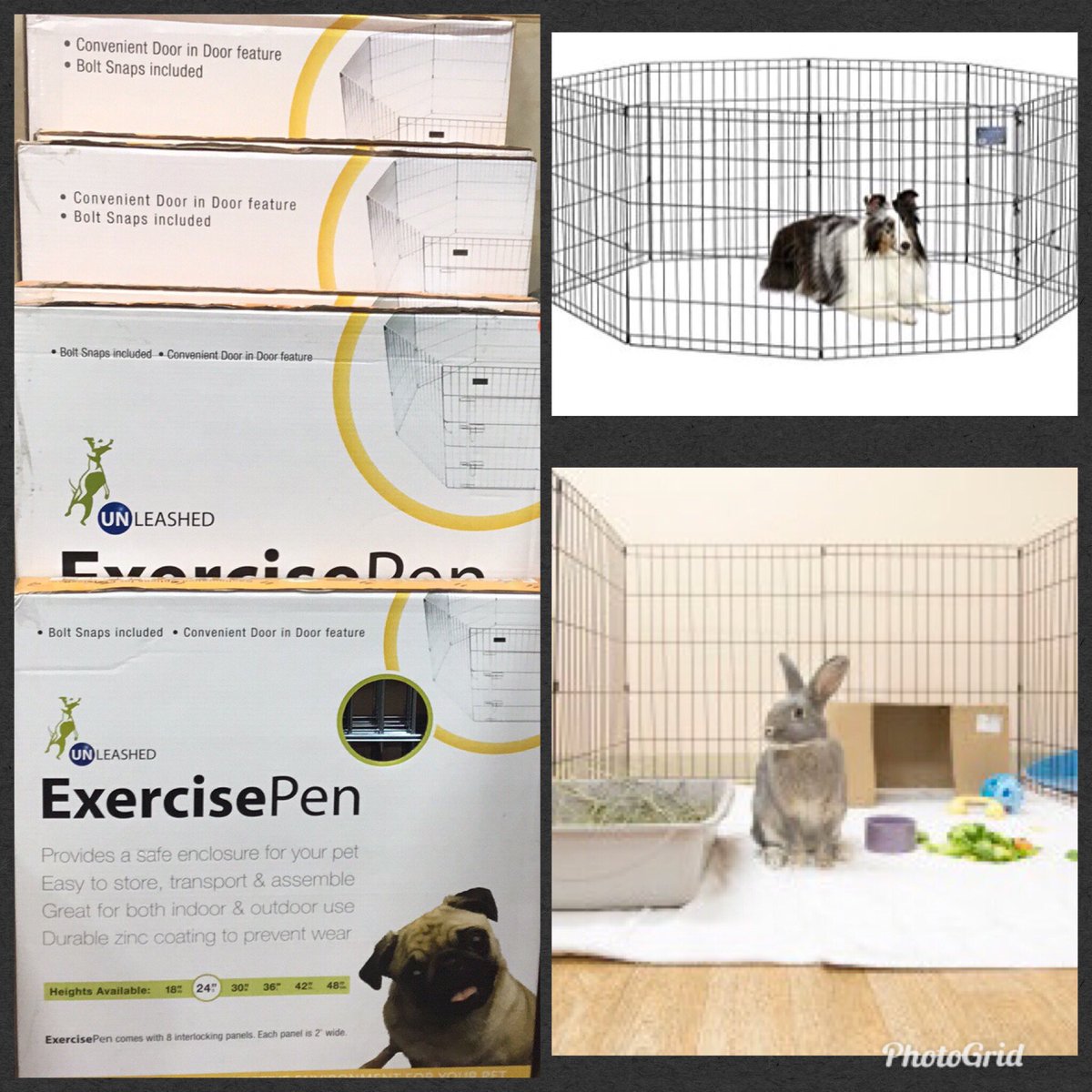 Exercise pens...Great for puppies, taking your dog camping, blocking dogs out of rooms in your house, they even work great for bunnies! 
Available in a variety of heights and make a 4’ x 4’ square.