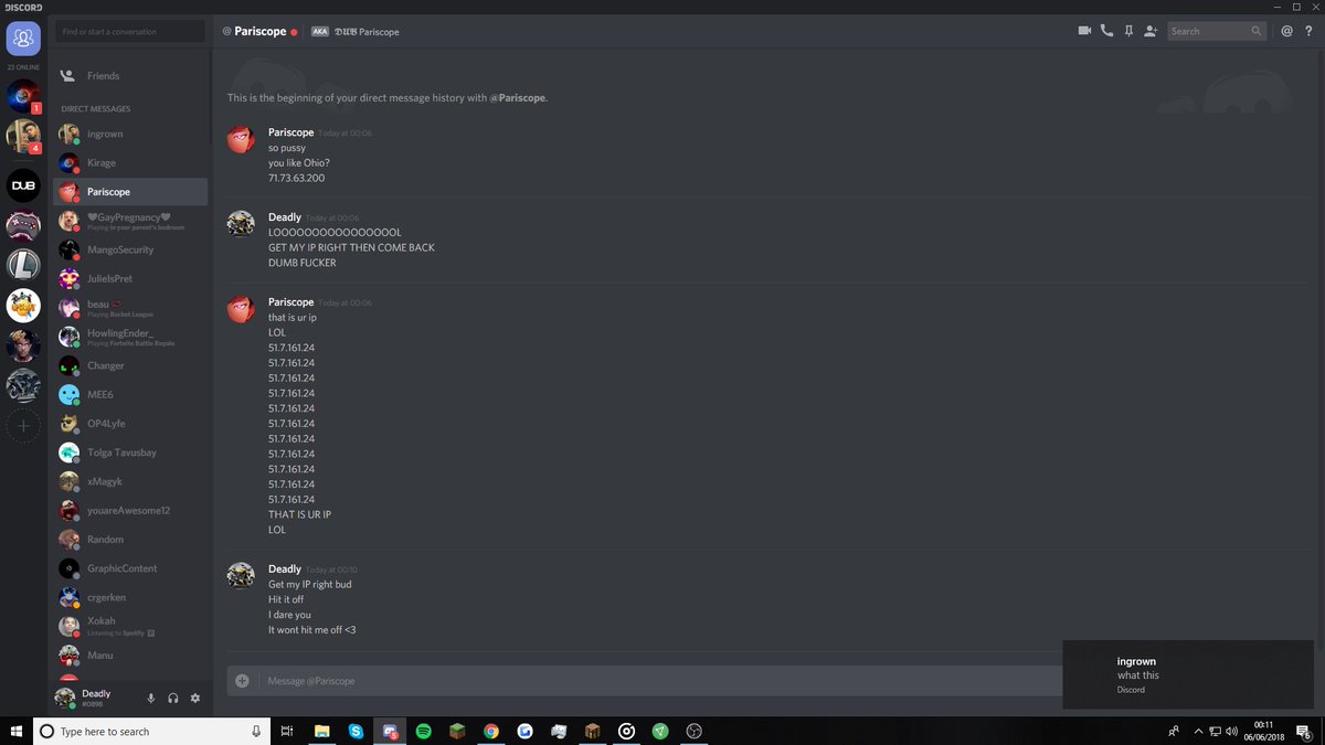 d3q1x's tweet photo. Oh look what we have here boys, another harmless little fag tryna get my IP, fucking harmless coons these days aint shit https://t.co/sbpNTzR1Uq