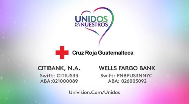 ¡Guatemala nos necesita unidos! 
Puedes contribuir con la Cruz Roja Guatemalteca en las cuentas bancarias que te damos a continuación.👇
Para más información ingresa a univision.com/unidos