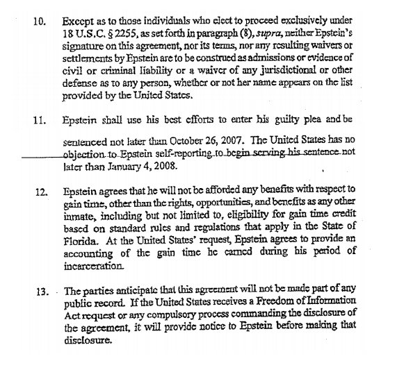 Here's the thing: I'm seeing nothing in Epstein's 2007 plea deal with the DOJ that required him to provide information to the FBI. (see pics)This begs the question of whether there was a separate agreement - still undisclosed - with the FBI.