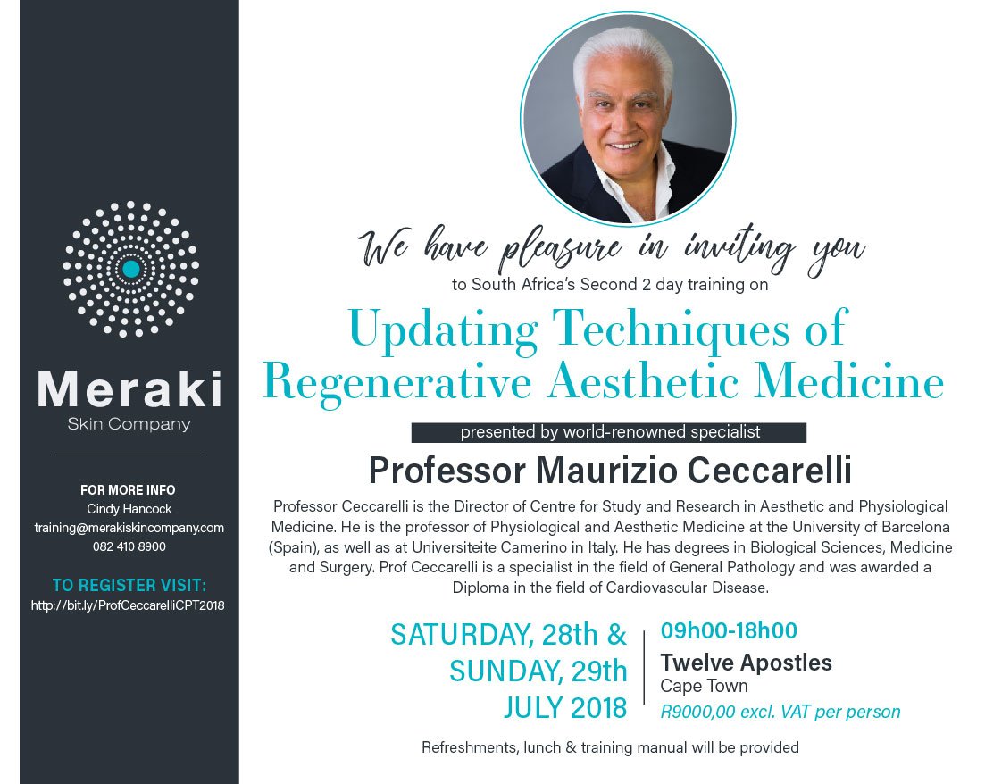 MerakiSkinCo's tweet photo. New dates released for Prof Ceccarelli. 

Cape Town are you ready? Do not miss out on this world-class training event with Prof Ceccarelli at the 12 Apostles in July! Book now to avoid disappointment. To Register visit: 

For mo ... https://t.co/0FgjOUVtqh https://t.co/FYZx9aIcvr https://t.co/gy5q17374X