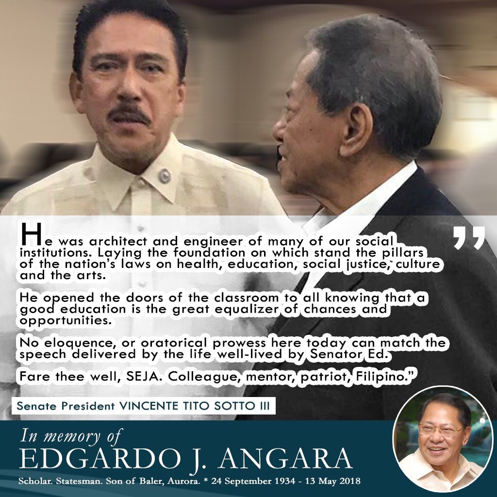 sonnyangara's tweet photo. Senate President Titosen @sotto_tito on former SP @edangara #salamatsenangara #AngaraNgPinoy #paalam https://t.co/VKi5SIcBfg