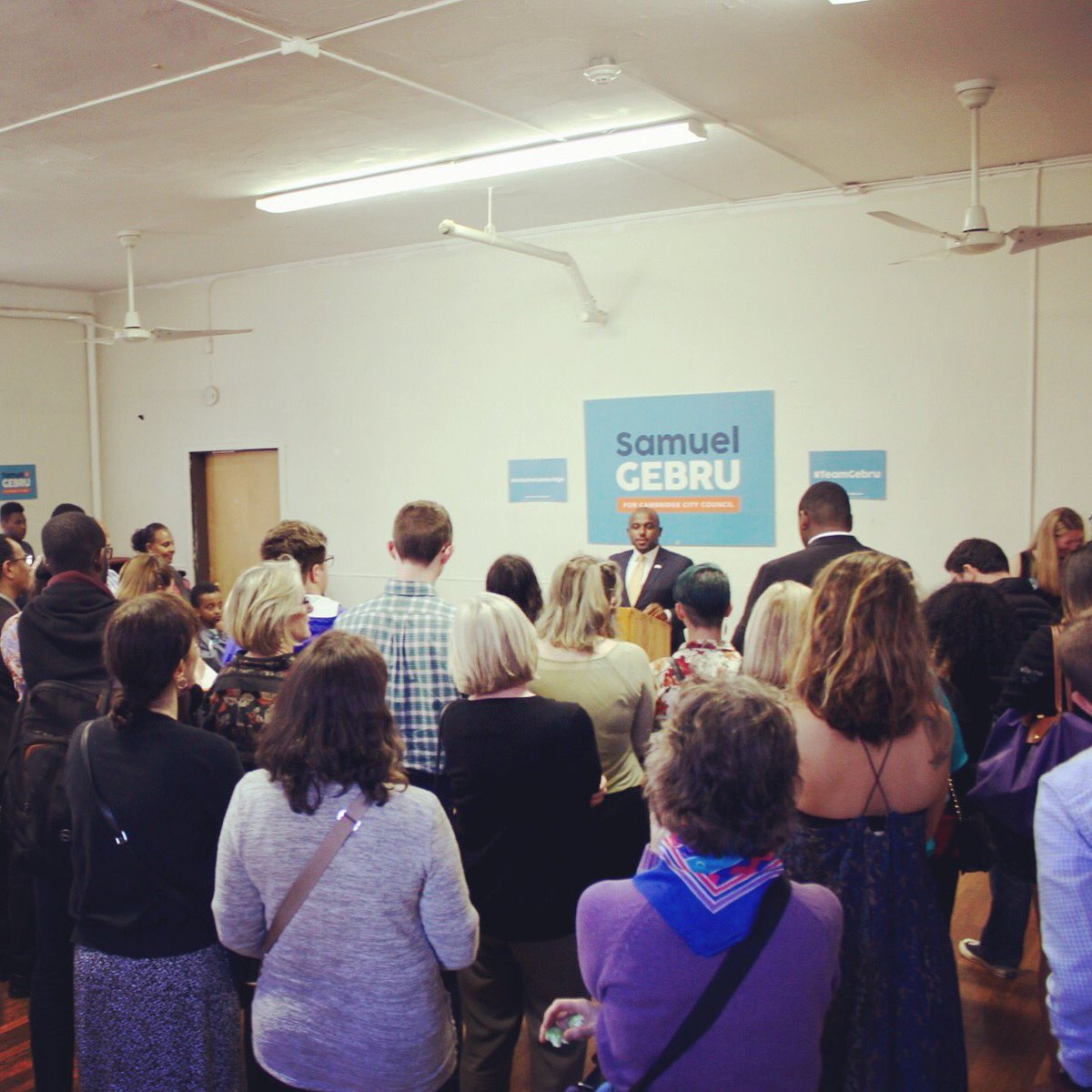 SMGebru's tweet photo. One year ago today, we kicked off our campaign for Cambridge City Council. That evening was one of the greatest days of my life. Thank you for believing in me and in our vision for an #InclusiveCambridge. #cambma #teamgebru #mapoli #tbt https://t.co/hiwFqpUFsZ