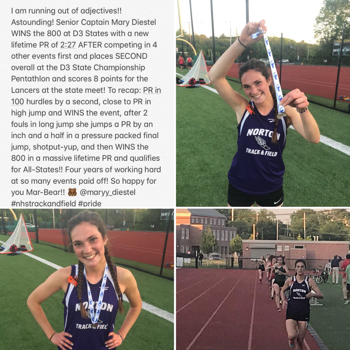 NHSCoachTaylor's tweet photo. Mary Diestel WINS the 800 at D3 States with a new lifetime PR of 2:27 AFTER competing in 4 other events first and places SECOND overall at the D3 State Champ. Pentathlon &amp; scores 8 points at the state meet and qualifies for All-States with a new SCHOOL RECORD! @maryy_brigidd https://t.co/5F0yVGqO7n