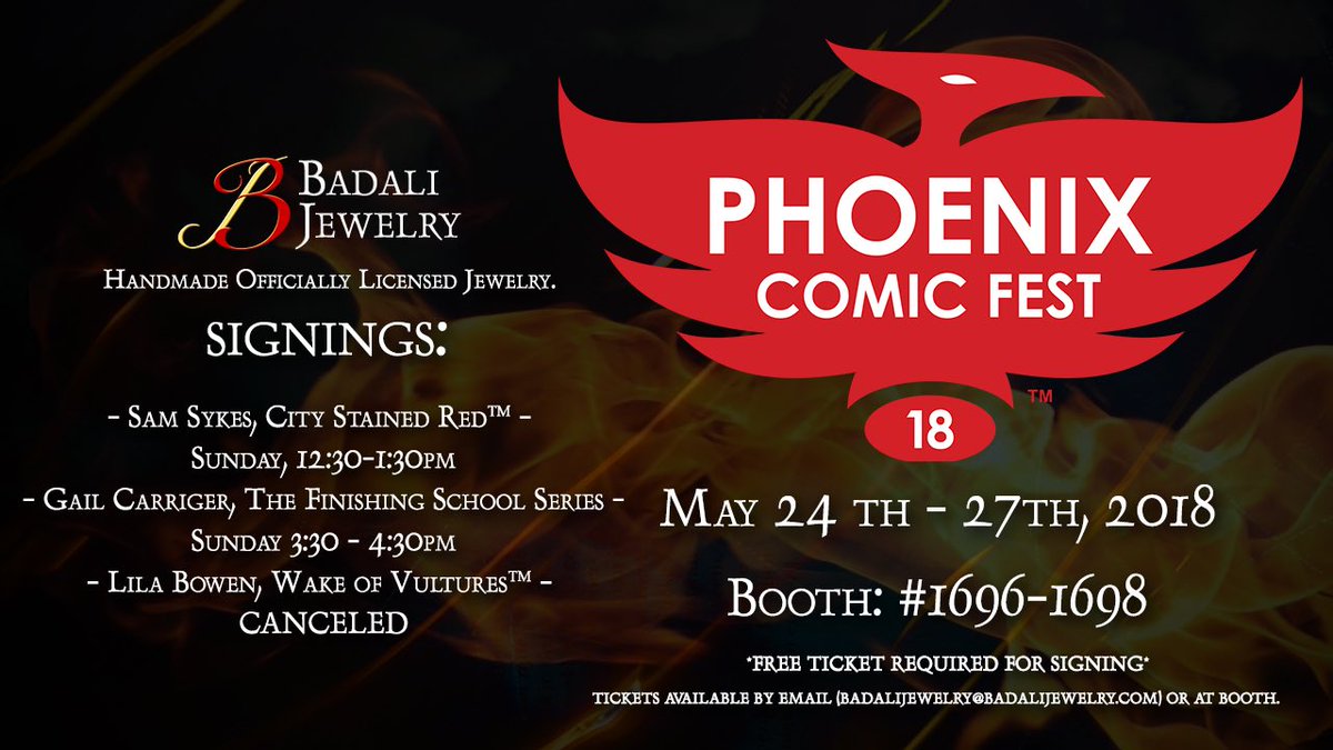 BadaliJewelry's tweet photo. @phoenixcomicfest is happening! Come check us out at Booth 1696!
Signings with @SamSykesSwears & @gailcarriger, plus new Jewelry from #BitchPlanet, #RedRising, & #ThePowderMage!
Also, check out some of our favorite vendors while you are running around the exhibit hall! https://t.co/hJmRc1apJU