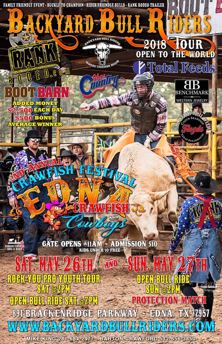 BackyardBull's tweet photo. Backyard Bull Riders next Event - Edna Crawfish Festival - 2 day Event &amp; Bull Ride  - May 26th &amp; 27th  more info @ https://t.co/4IzklQrC4M 
Crawfish &amp; Cowboys BBR style!!
#BBR #bullrider #backyardbullriders  #rankrodeothreads #totalfeeds #Blessed #GodisGood #sittingpretty https://t.co/InouxiBOA6
