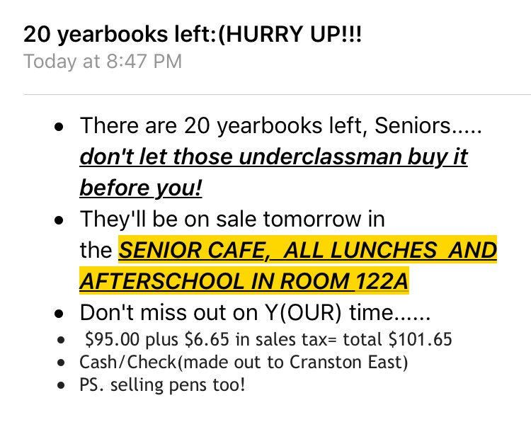 CHSE_2018's tweet photo. 20 yearbooks LEFT! Don’t miss out! :) also, 3. DAYS. LEFT. :) https://t.co/Rpta9u9XNi