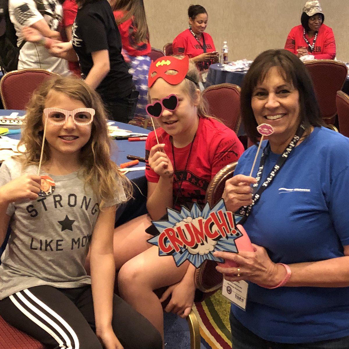 TAPSorg's tweet photo. Cheesin’ for the camera at the Good Grief Camp Zone. Thanks to @northropgrumman for volunteering again this year with our young survivors. #gratefulnation #friendsoftaps #MemorialDay2018 #TAPSfam https://t.co/xMqlHx2Zyj