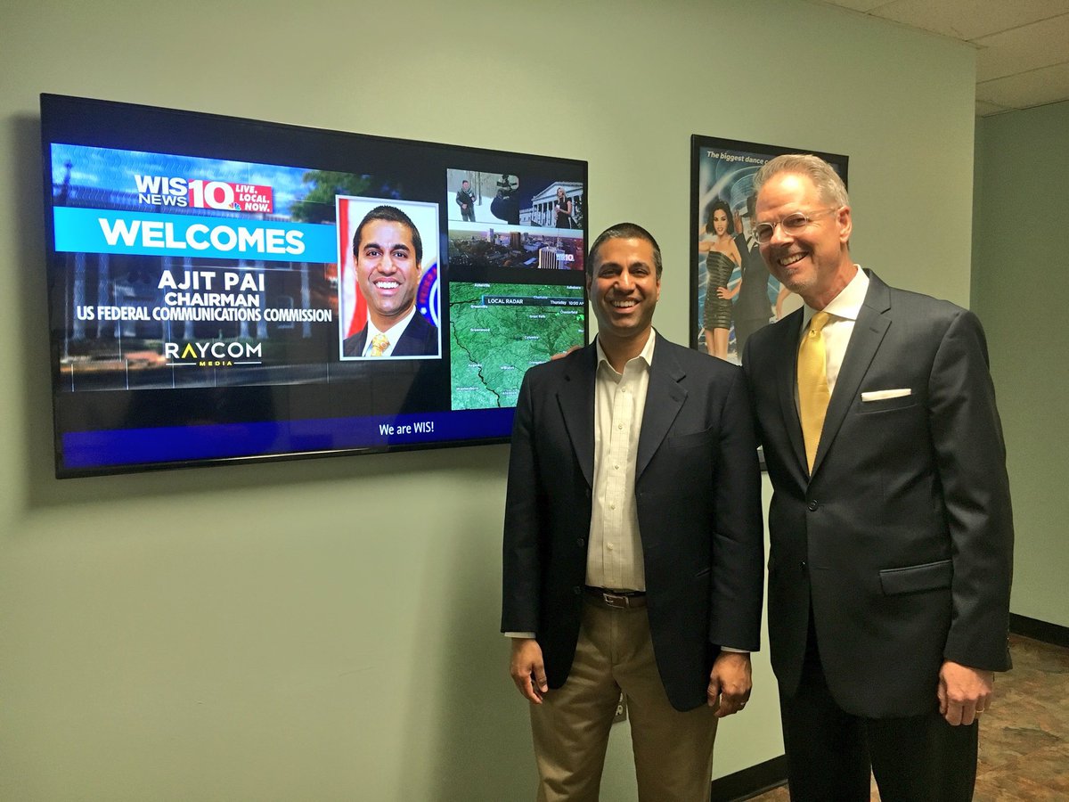 AjitPai's tweet photo. Thanks to the exceptional team @wis10 for taking the time to discuss the station’s great work! Impressed to hear all the ways you serve the public, from wall-to-wall coverage of @columbiasc floods to support of @LexMedCtr Heart &amp; Sole race to benefit women’s health. @RaycomMedia https://t.co/ctbVrpislO