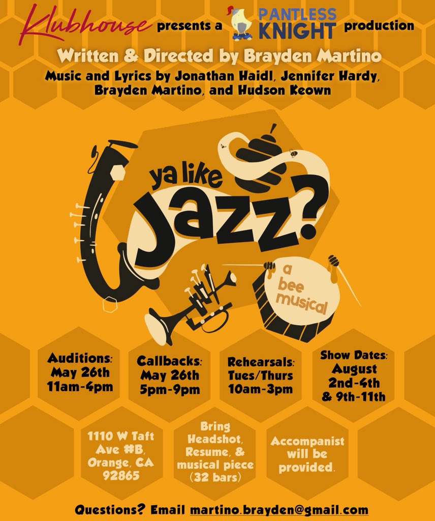 PantlessKnight_'s tweet photo. Auditions for our next show are THIS SATURDAY! Come on out and bee a part of “Ya Like Jazz?” the Bee Movie Musical Parody.🐝 https://t.co/zKS1ssrZze