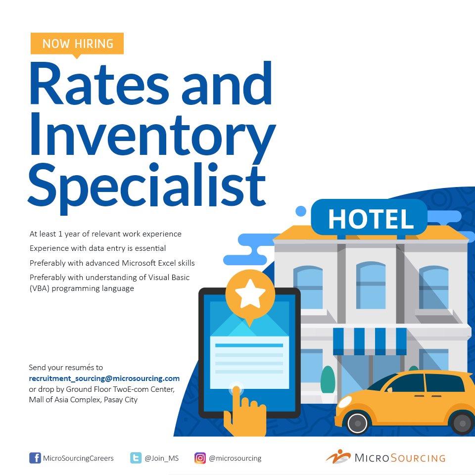 Join_MS's tweet photo. #NowHiring Rates and Inventory Specialist (MOA)

Send your CV to recruitment_sourcing@microsourcing.com or drop by G/F TwoE-Com Center, Mall of Asia Complex, Pasay City. https://t.co/DsdwoC2FJw