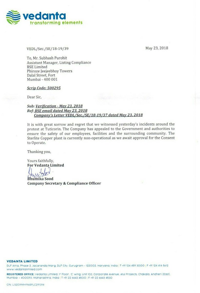 manoj prabakar s on twitter in an another letter vedanta informs that plant 1 not operated from march 27 2018 sterliteprotest twitter