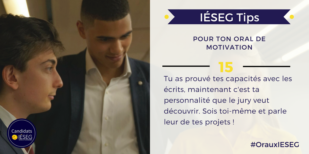 CandidatsIeseg's tweet photo. IÉSEG Tip #15 : Montre aux membres du jury qui tu es ! 🤩 #OrauxIESEG https://t.co/NpT9xpFb6Y