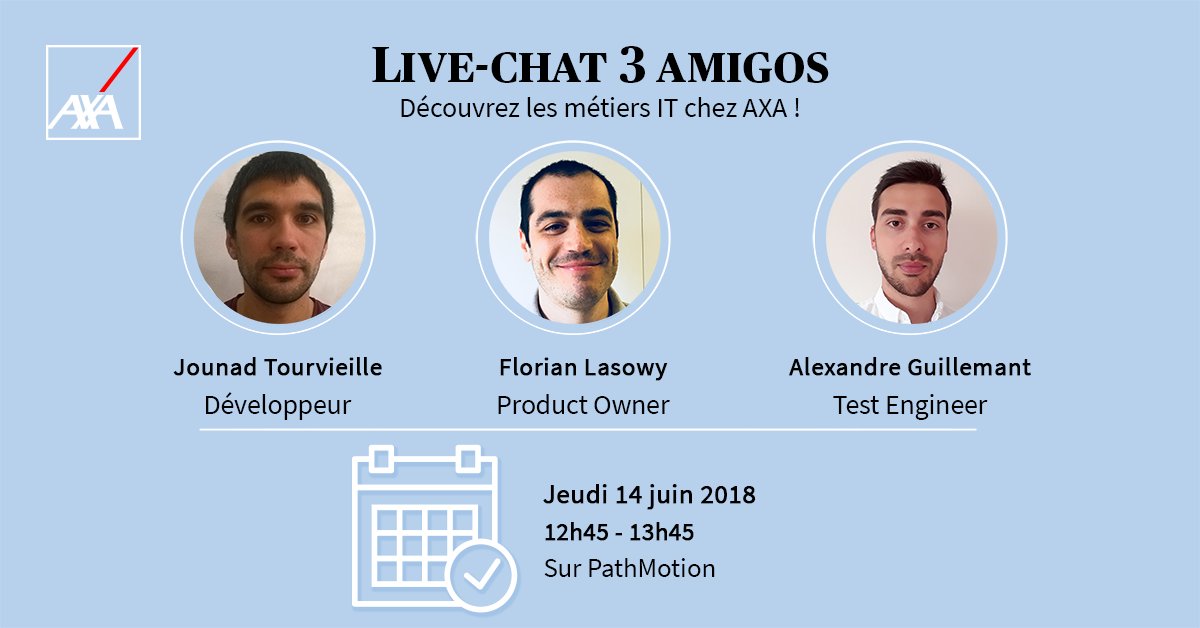 Les "3 Amigos", c'est le trio formé par le #dev, le Product Owner et le Test Engineer : RDV le 14/06 sur <a href="/PathMotion/">PathMotion</a> pour échanger avec Jounad, Florian et Alexandre 😀 ! go.axa.fr/JqvK8P #IT #Recrutement