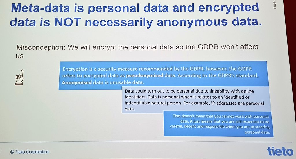 tyoterveys's tweet photo. @FIOH @Folkhalsan @CSalmensuu Meta-data is personal and encrypted data is NOT necessarily anonymous data -@CSalmensuu #qe2018 #QuantifiedEmployee https://t.co/TDnB7PuwzK
