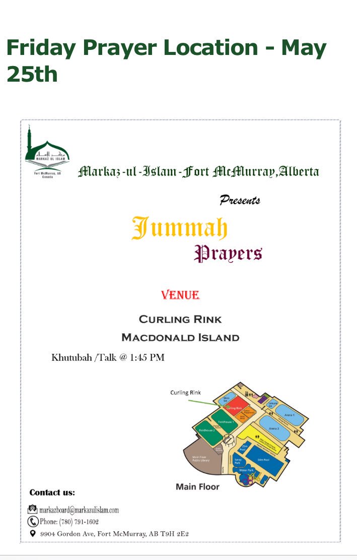 Jummah at MacIsland Curling Rink tomorrow in sha Allah. 1:45. #ymm
