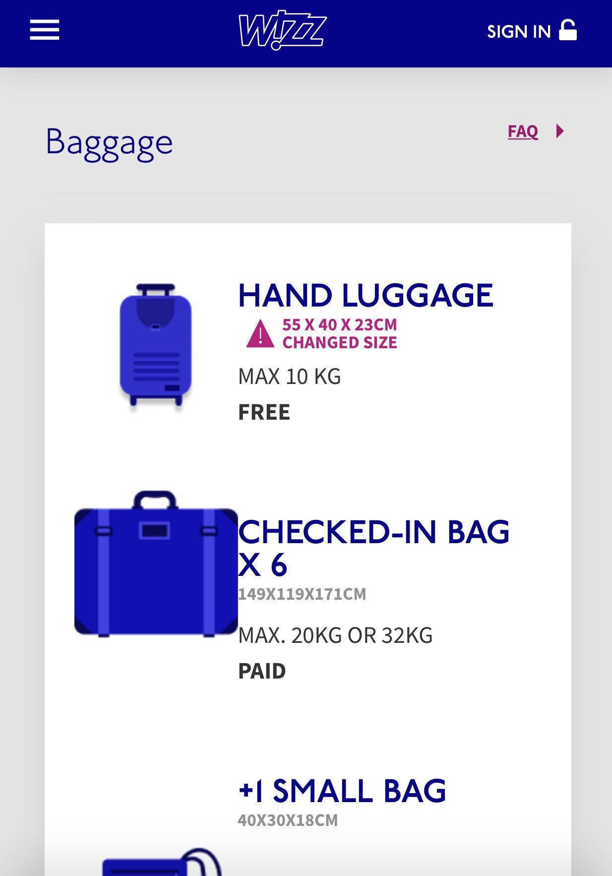 20kg luggage store size wizzair