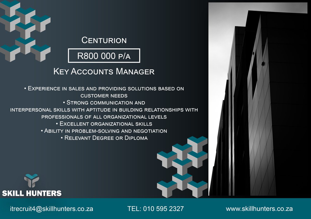SkillHunters_'s tweet image. Key Accounts Manager •Centurion •R800 000.00 p/a (subject to experience) •Experience in sales and providing solutions based on customer needs •Relevant Degree or Diploma. Mail us on itrecruit4@skillhunters.co.za
#Manager #KeyAccountsManager #KAM #Management #SkillHunters