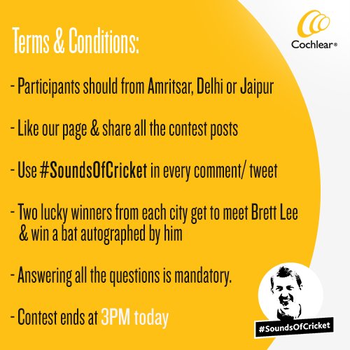CochlearIndia's tweet photo. Participate in the #SoundsOfCricket contest &amp; stand a chance to win!
All you have to do is answer a few fun questions and get to meet with our Global Hearing Ambassador @BrettLee_58. 
#ContestAlert https://t.co/T2RUG06uRY