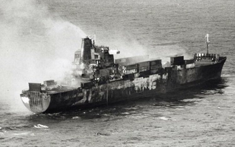 The Atlantic Conveyor hit by Exocet missiles on this day in 1982 with the loss of 12. The loss of aircraft changed the face of the conflict. Will never forget. 
#AtlanticConveyor 
#Falklands