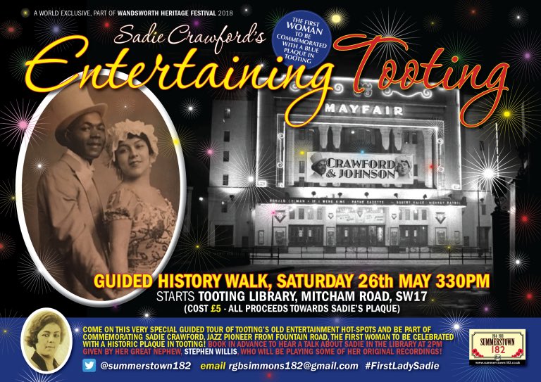 summerstown182's tweet image. TOMORROW is &apos;Sadie Saturday&apos;! Get in the mood for #SadieCrawford #Tooting Plaque by hearing her story, told by great-nephew Stephen Willis #TootingLibrary 2pm Then, join me on #EntertainingTooting Guided Walk 330pm @wandsworthlibs @wandbc #WandsworthHeritageFestival