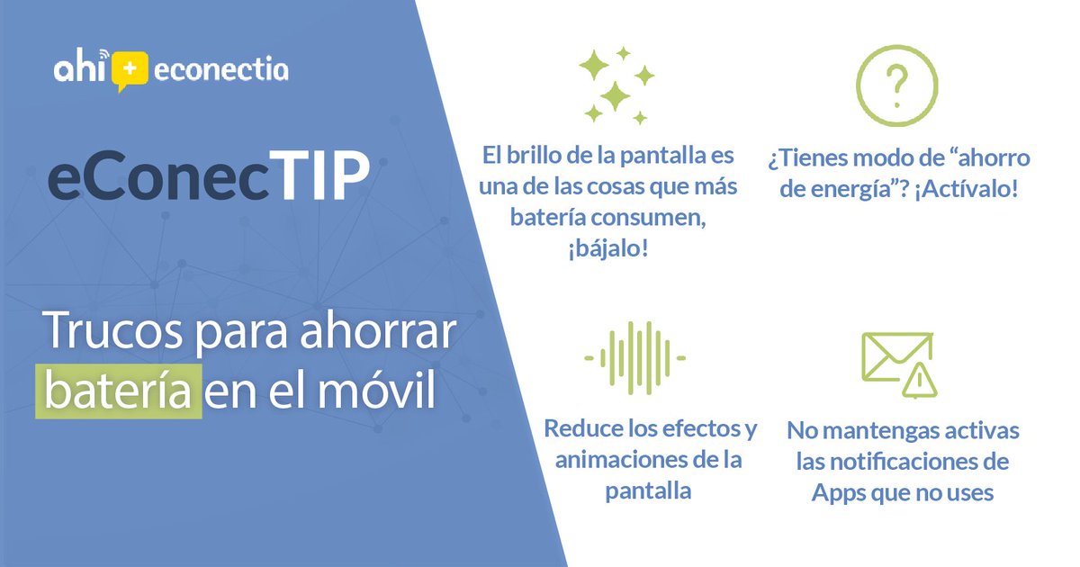 econectia_'s tweet photo. ⚠ #eConecTIP 👉El trabajo, el #WhatsApp, las notificaciones de tus Apps... ¡Alarga la vida de la #batería de tu móvil! Más consejos en nuestro #blog
➢ https://t.co/Q5Kj4XhMu2 https://t.co/yTqYCc2f1U