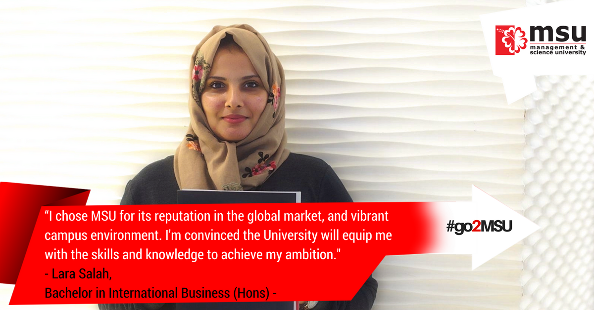 MSUmalaysia's tweet photo. Want to make a mark in the ever-changing global economic landscape?
Join Lara Salah, our new international student from Aden, Yemen who is studying for her Bachelor in International Business (BIB).
BIB > https://t.co/b9icJpjS30
#studentsay
#go2MSU🌺 https://t.co/4haJsKXd8D https://t.co/rhtIBvwF7k