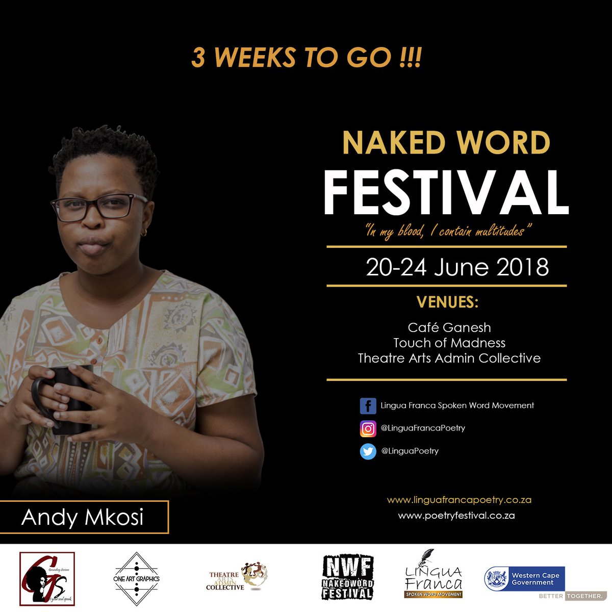 LinguaPoetry's tweet photo. 3 weeks to go!!!!

Meet Andy Mkosi
to view Andy Mkosi's biography visit:
https://t.co/wHnDX81cPO

#NakedWordFest
#LinguaFranca
#Poetry
#SpokenWord

@AndyMkosi 
@WCGovEvents https://t.co/uOc2q7cGHR