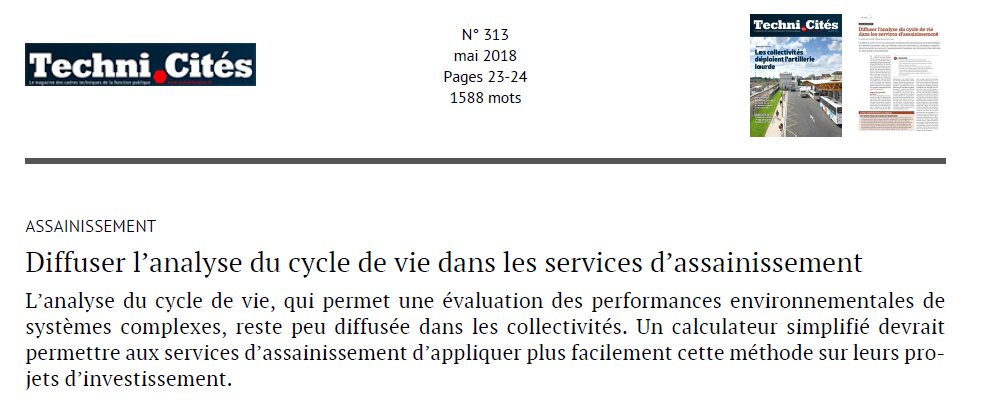 Chaire ElsaPact (@elsapact) on Twitter photo Diffuser l’analyse du cycle de vie (#ACV) dans les services d’#assainissement : découvrez l'article sur le logiciel ACV4E dans Technicité du mois de mai Diffuser l’analyse du cycle de vie (#ACV) dans les services d’#assainissement : découvrez l'article sur le logiciel ACV4E dans Technicité du mois de mai