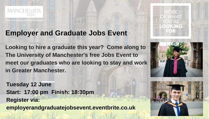 MGTManchester's tweet photo. Want to meet 2018 graduates looking to stay and work in Manchester -  join us on 12 June for a free Jobs Event and fill your vacancies within  the week! #SMEs #hireagraduate #graduatetalent #jobs https://t.co/b7t1GWcWis