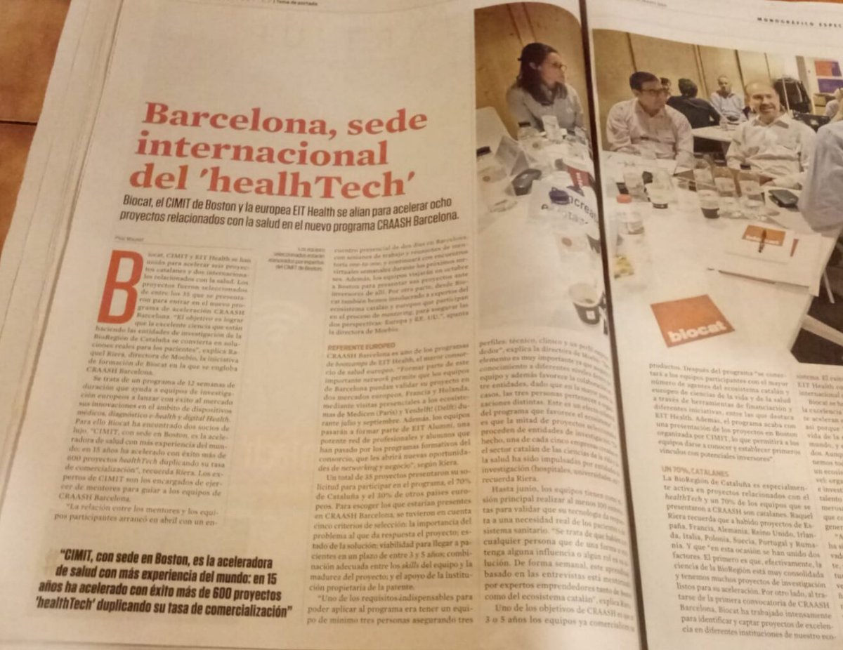 moebiobarcelona's tweet photo. '#Barcelona, sede internacional del 'HealthTech '. 🗞 Lee hoy en @LaVanguardia el reportaje sobre el programa de aceleración #CRAASHBcn impulsado por @biocat_cat (@moebiobarcelona), en colaboración con el @CIMIT y el apoyo del @EITHealth ➡ https://t.co/61eODdzJh9 https://t.co/9LlqtZUbAg