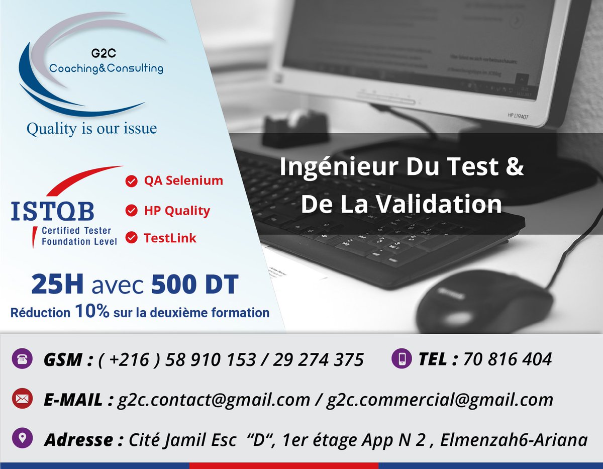 Sarra_G2C's tweet image. #Réduction Jusqu’à 25% durant le mois de #Ramadan sur la #Formation#ISTQB #Test_et_validation Pour plus de détails :

GSM: (+216) 29 830 649

Emails: g2c.formation2@gmail.com