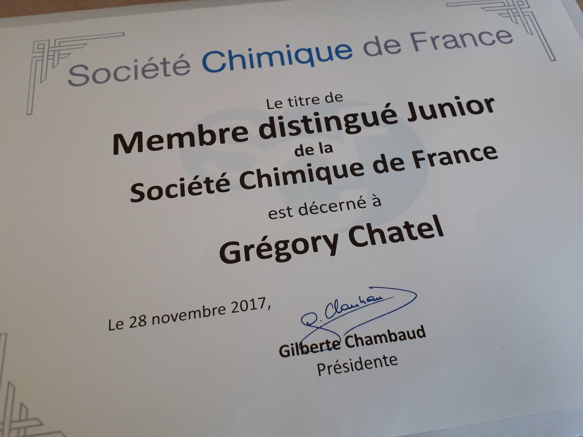 gregory_chatel's tweet photo. Proud to become a junior distinguished member of the French Chemical Society #SCF @reseauSCF for 5 years! Thank you! @Univ_Savoie @UnivPoitiers @INC_CNRS @UniversiteLyon @UofAlabama @u_grenoblealpes @RJ_SCF @YoungChemists @IntlYoungerChem @#PrixSCF2017 #Ceremony #Dijon https://t.co/0Q6mWCh0zE