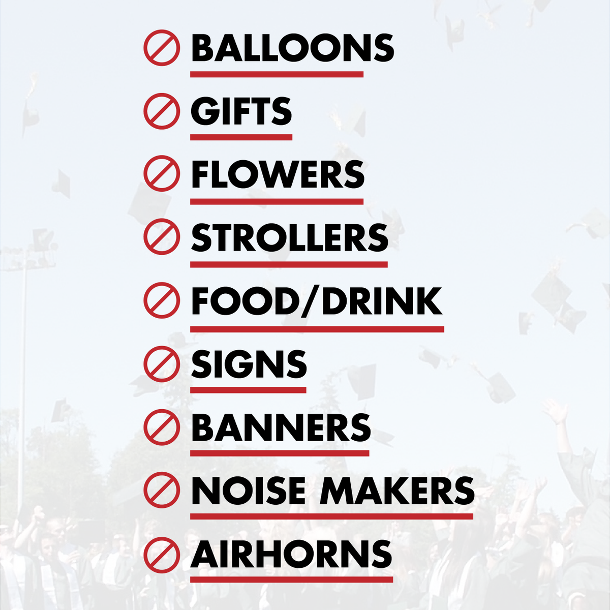 CyFairISD's tweet photo. Graduation guests: please help us make entry into the @BerryCenter a smooth and safe process by following our bag policy and leaving these listed items outside of the facility. Visit https://t.co/6roz4dE651 for more information. https://t.co/HXAHt3a70t
