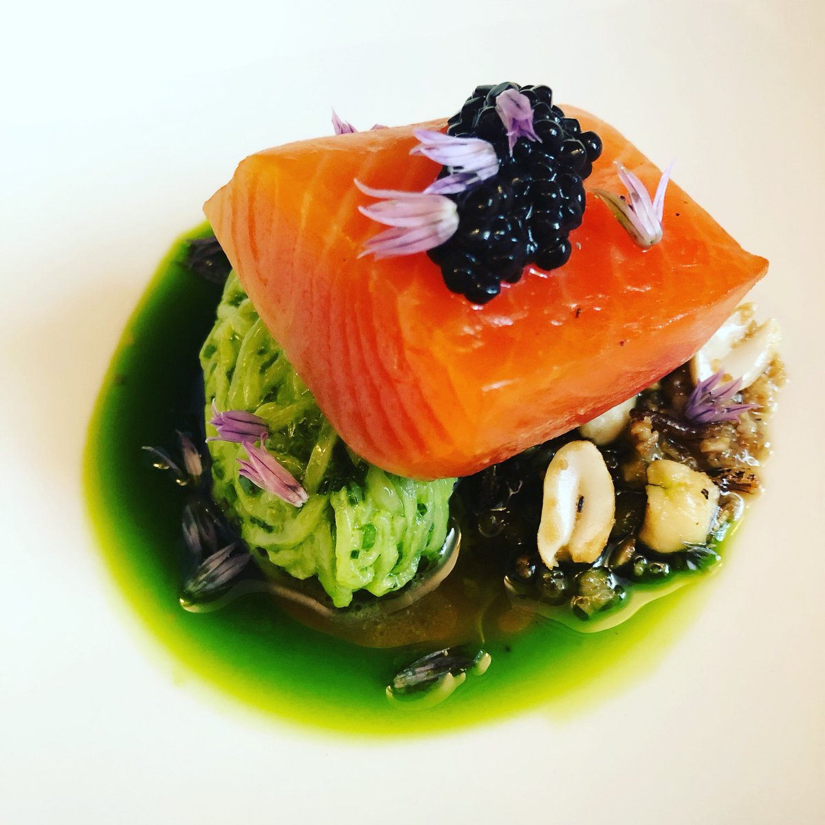 Last in the series. Fish on Friday. This beauty is on our starter menu. Birch cured sea trout that sits magnificently on a bed of mooli, pickled raisins and lovage. #fishfriday #birch #seatrout #mooli #lovage #foodie