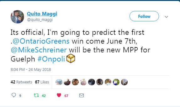 BREAKING NEWS Mainstreet Research CEO predicts <a href="/MikeSchreiner/">Mike Schreiner</a> will win 1st Green Party seat June 7 in #Ontario. <a href="/pollingcanada/"></a>, the polling firm CEO, tweeted this yesterday. SO EXCITING that #Guelph Is Making History! #onpoli #OnElxn #OntarioVotes #cdnpoli #canpoli #voteon #vote
