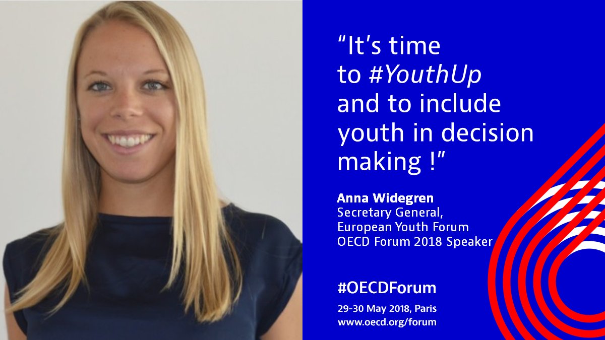 OECD's tweet image. It’s time to #YouthUp: Secretary General of the European Youth Forum @AnnaWidegren will be at #OECDForum to talk about Demographics &amp;amp; Politics, May 29 bit.ly/OECDForum18
