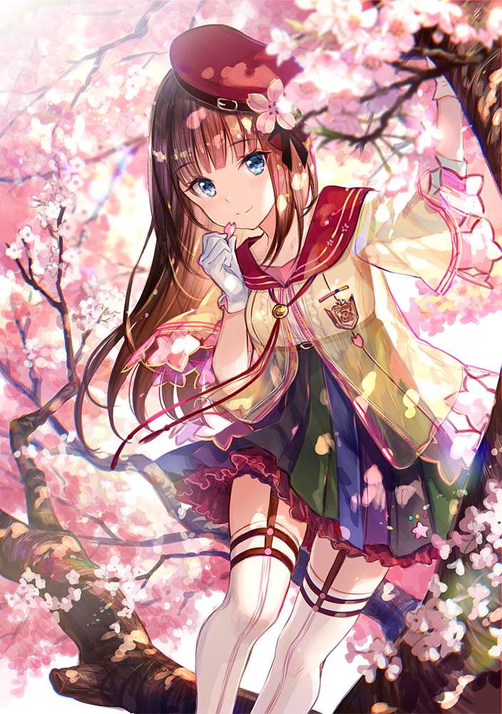 よしぞー 桜 の風景と木の枝にいる女の子の色合いがとても綺麗で素晴らしいですね 先生のイラストには神秘性がありますね