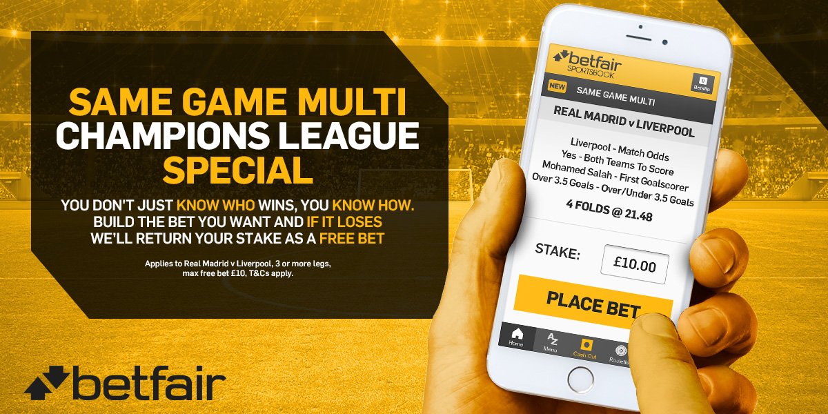 Betfair's tweet photo. Place a £10 bet on a Same Game Multi for the #ChampionsLeague final, and if it loses we'll give you your money back as a free bet.

T&amp;Cs here...

https://t.co/0SfndioYgt https://t.co/a2iAvO9m6u
