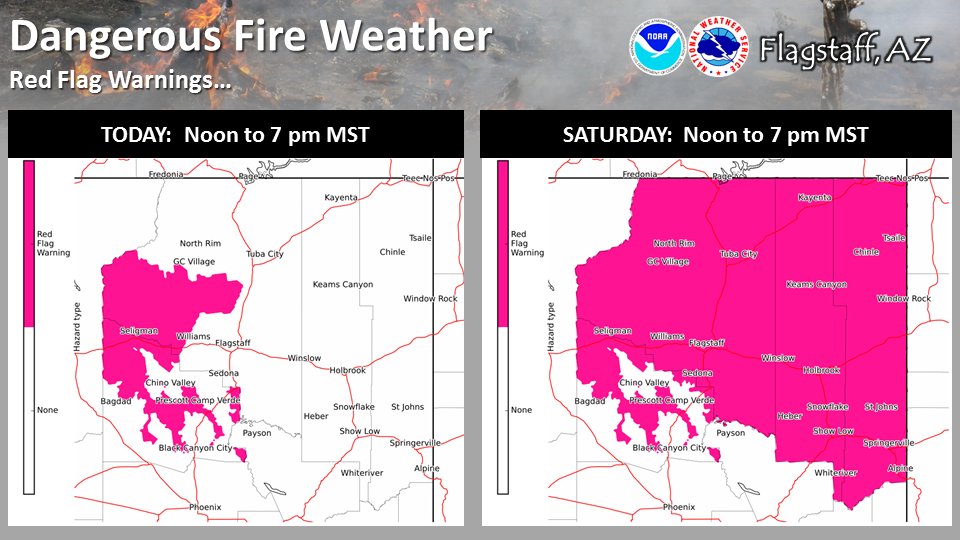 NWSFlagstaff's tweet image. Red Flag Warnings in effect for western AZ today and most of northern AZ Saturday. Please continue to heed any closures and restrictions as the weather will promote wildfire growth. #azwx #AZFire