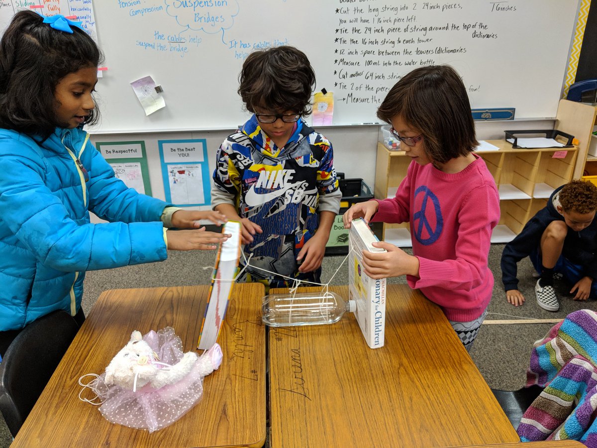 QuailsofC6's tweet photo. Creating suspension bridge models, but they were not strong enough to hold 100 ml! What could we change for experiment #2 today?? #math #STEAM https://t.co/hg6K7dHoCH