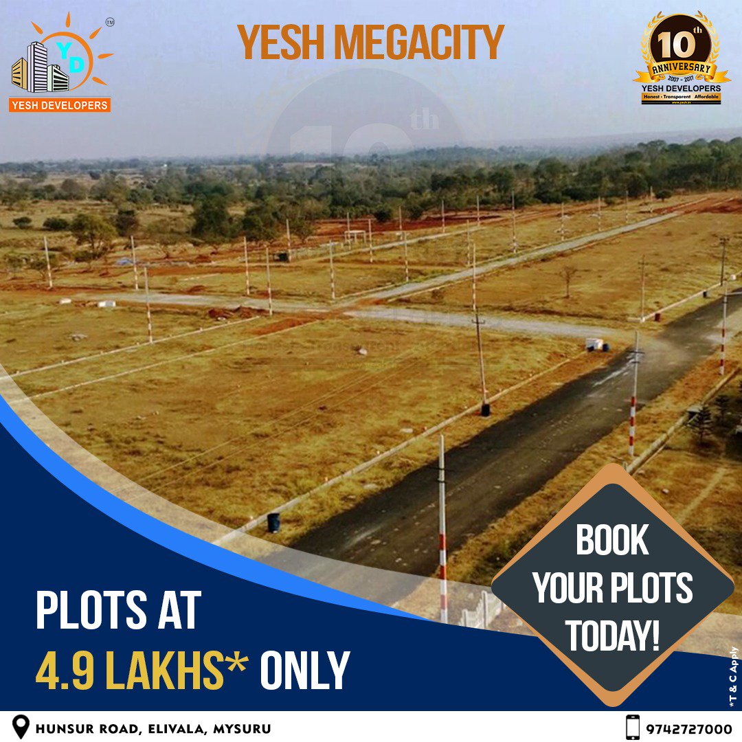 YeshDevelopers's tweet image. Bookings open for Yesh Megacity, and they start only at Rs 4.9 lakhs. Click here to book a free #site visit yeshdevelopers.com/site-visit-req…

Hurry up, book your #plot today at Hunsur main road, Elivala, Mysuru. Call 9742727000 to book now! 

 #plotsofprosperity #investment #mysuru