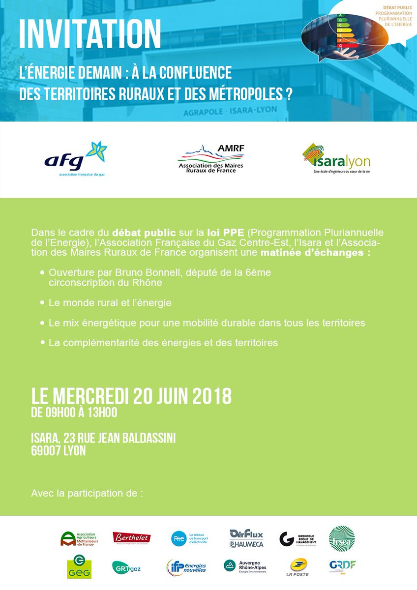 FrancegazAURA's tweet photo. Le 20 juin : Débat public sur la loi #PPE. @AFGCentreEst , @isaralyon et @Maires_Ruraux organisent une matinée d'échanges "L énergie demain : à la confluence des territoires ruraux et des métropoles ?". Inscription : https://t.co/RJ6SipBtAQ https://t.co/nnqDH3ktdI