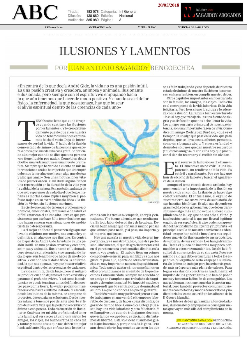 CirculoNavarra's tweet image. &quot;Ilusiones y lamentos&quot;, artículo de Juan Antonio Sagardoy Bengoechea. Publicado el domingo, 20 de mayo, en @abc_es