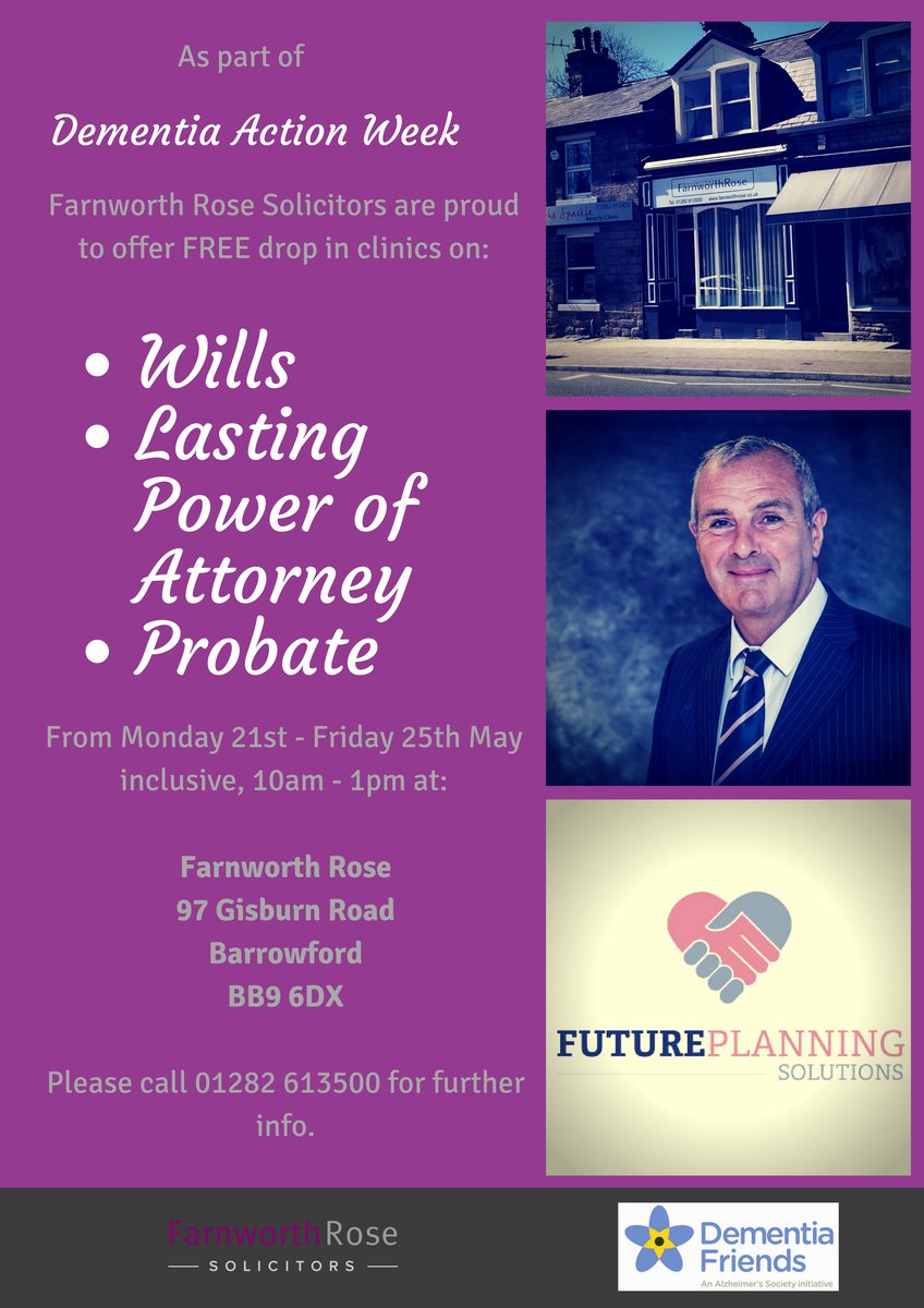 FR_Barrowford's tweet photo. It's Friday and our drop-in clinic is now open 🎉

For FREE legal advice on #Wills #LastingPowerofAttorney or #Probate come and speak with our specialist team between 10am - 1pm today.

Where: Farnworth Rose, 97 Gisburn Road, Barrowford, BB9 6DX.

#DAW2018 #DementiaActionWeek https://t.co/SqpuQUZWNn