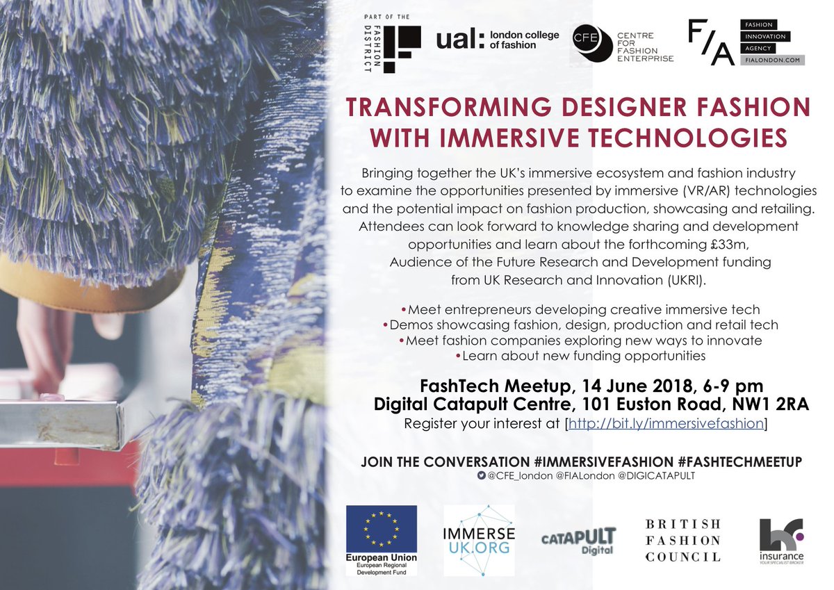 FIALondon's tweet photo. Join us at FashTech Meetup on 14 June, 6-9pm @DigiCatapult for an opportunity to network & discuss the impact of immersive technologies on the fashion industry. Register here: https://t.co/moj4S4Tt3I and join the conversation: #IMMERSIVEFASHION #FASHTECHMEETUP https://t.co/HG3DOBx7Eq