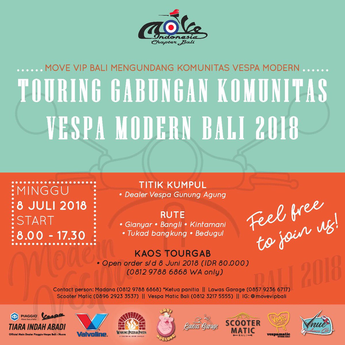 Hi Semeton Vespa Modern Bali,

Yuk touring bareng lagi, terbuka buat seluruh komunitas vespa modern biar guyub dan makin solid

Selain riding, saat finish kita juga akan ada beberapa kegiatan fun games serta door prize di finish point dan tentunya dapet makan siang.