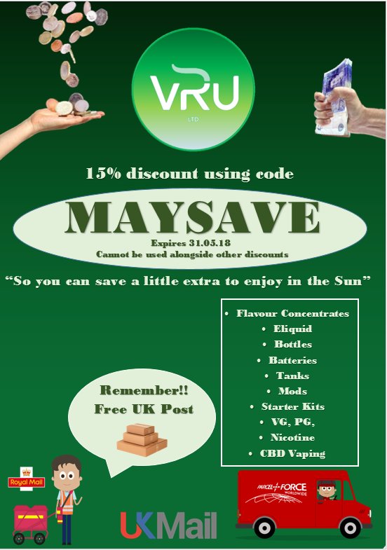 VapoursRUS's tweet photo. Want To Save Some Money? Why Not Use Our Discount Code And Save A Massive 15% Just Add MAYSAVE At The Checkout! #vru #vapours #ecig #juicy #vape #eliquid #vapoursrus #savemoney https://t.co/971yMv9QTl